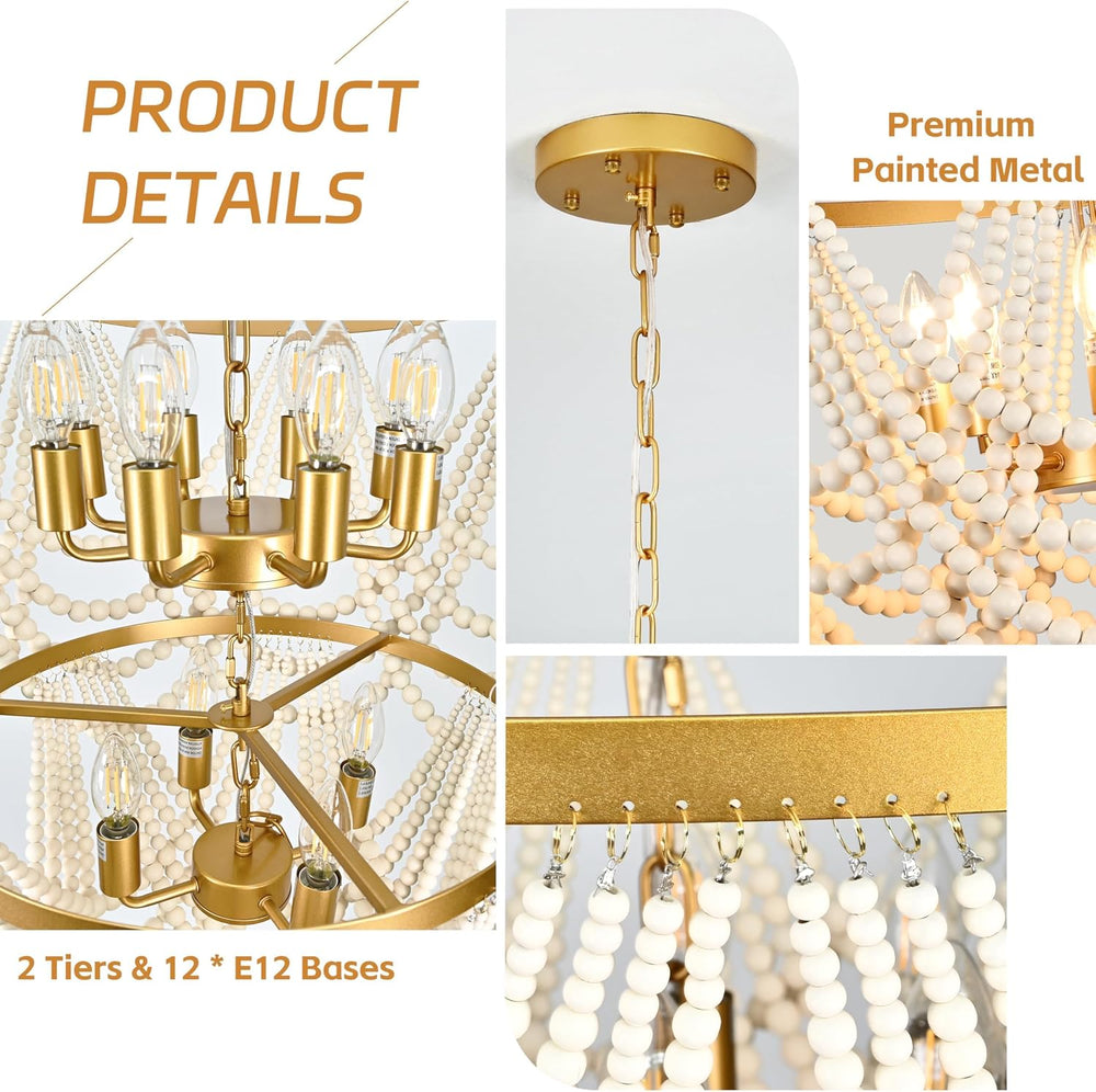 12-Light 25.6" Boho Wood Beaded Chandelier for Living Room, H88 Adjustab...
