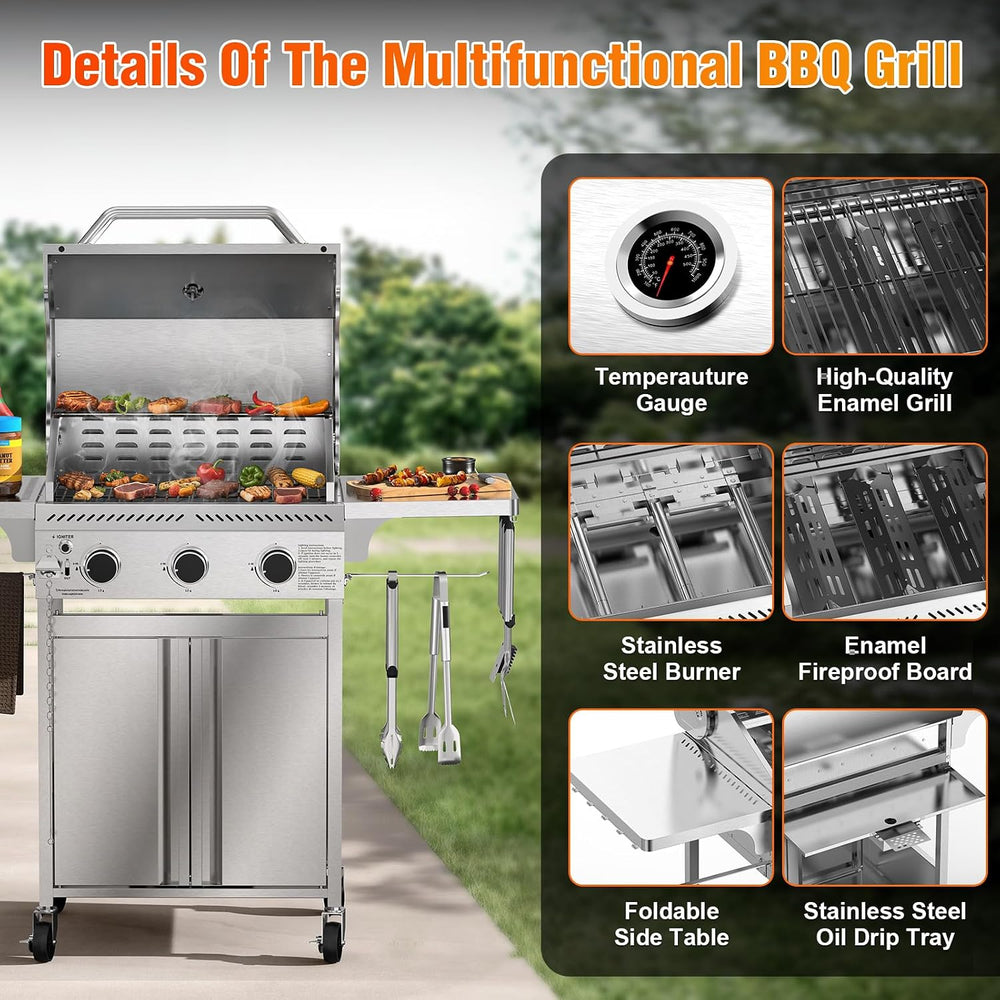 Electactic G31 Gas Grill, 3-Burner Gas Grill with Folding Side Tables,Stainle...