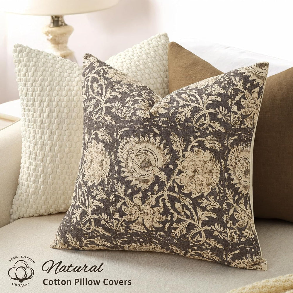 Vintage Floral Print Throw Pillow Covers 24x24 Set of 2 Neutral Modern Farmho...