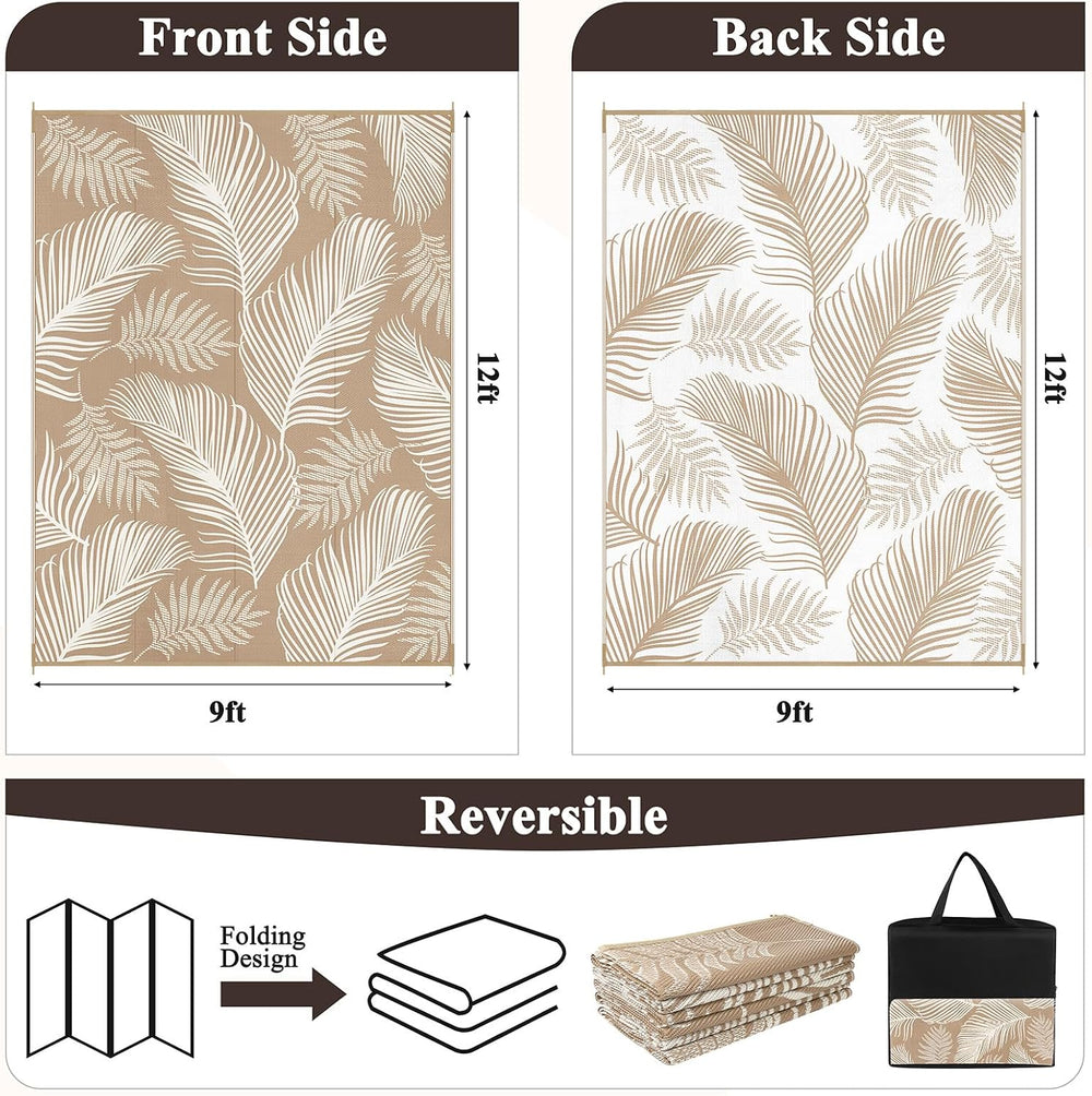 Pauwer Waterproof Outdoor Rug 9x12, Plastic Straw Patio Rug, Leaf Brown
