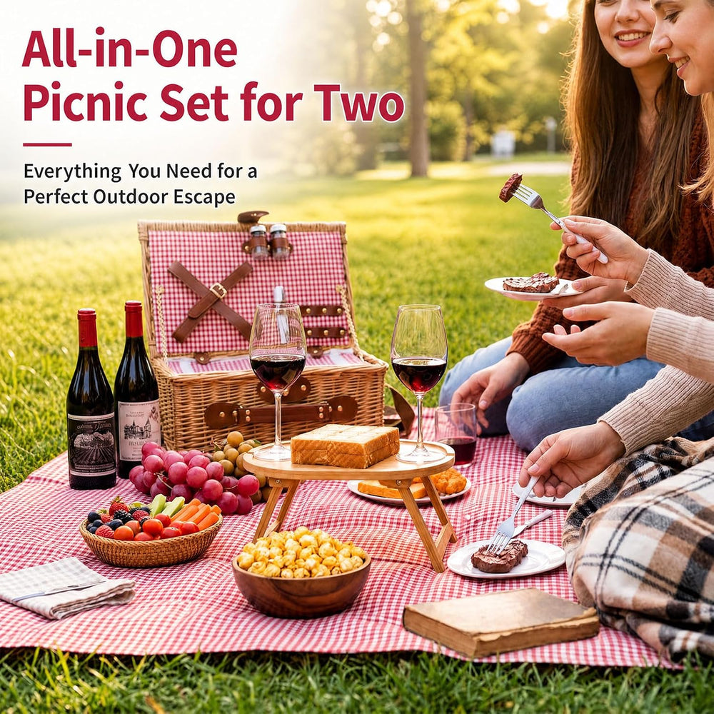 Wicker Picnic Basket Set for 2 with Foldable Table, Blanket, Insulated Liner,...