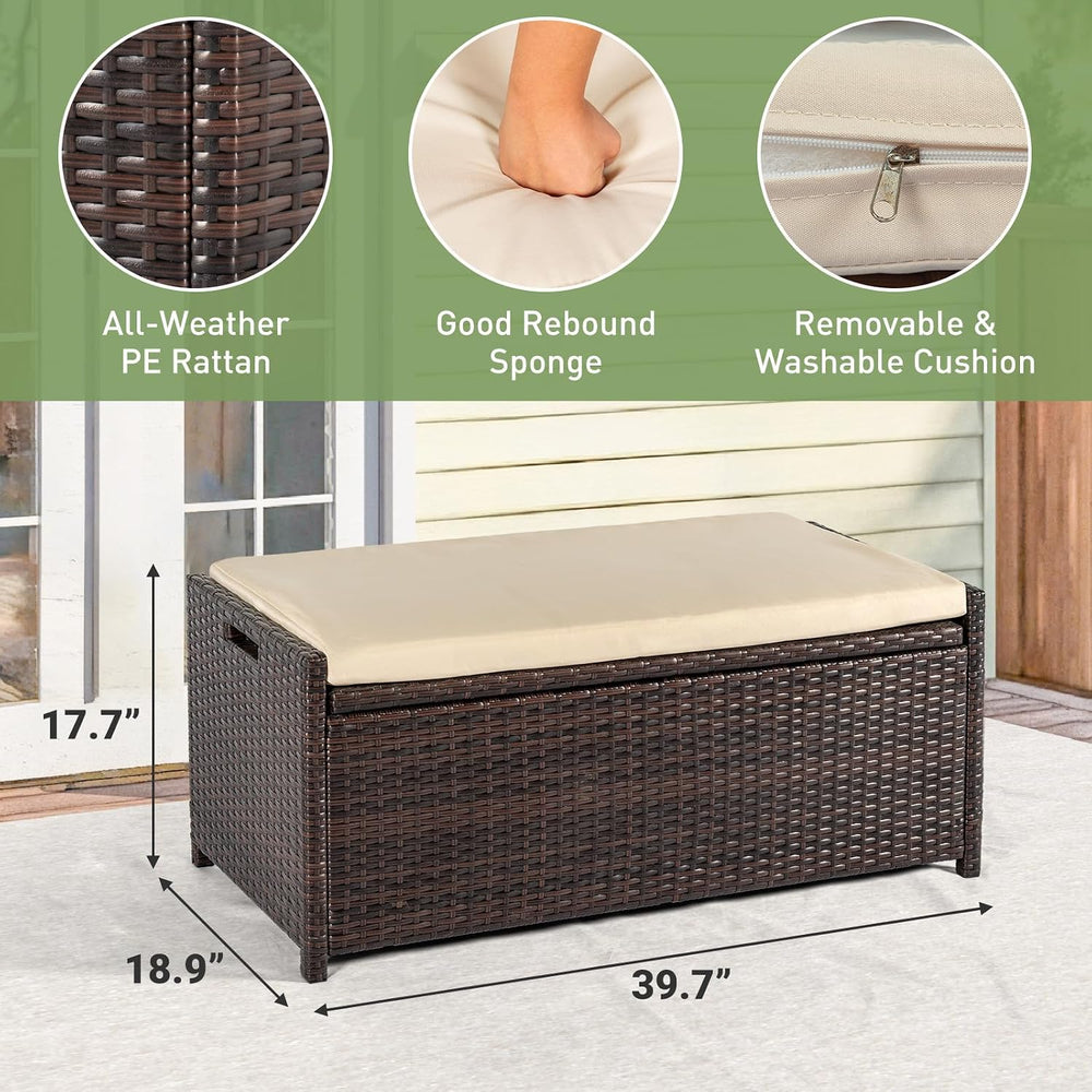 Tappio Deck Box Outdoor Storage Box Bench, PE Rattan Storage Bin with Built-i...
