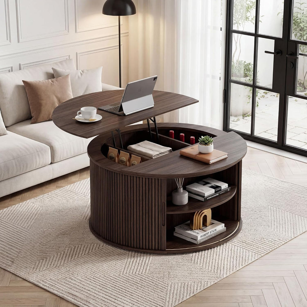 Round Lift Top Coffee Table, 31.5'' Fluted Coffee Table with Hidden S...