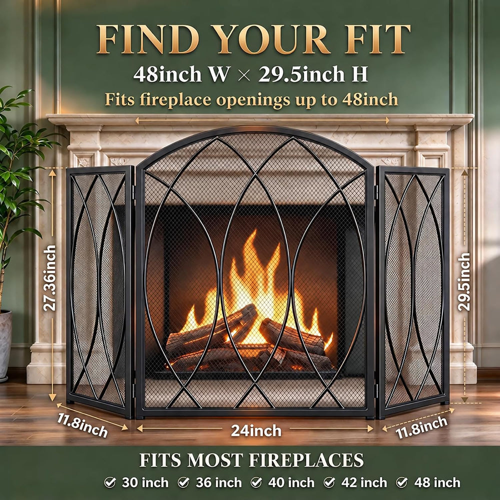 FEED GARDEN 3-Panel Fireplace Screen 48"W x 29.5"H Wrought Iron Spa...