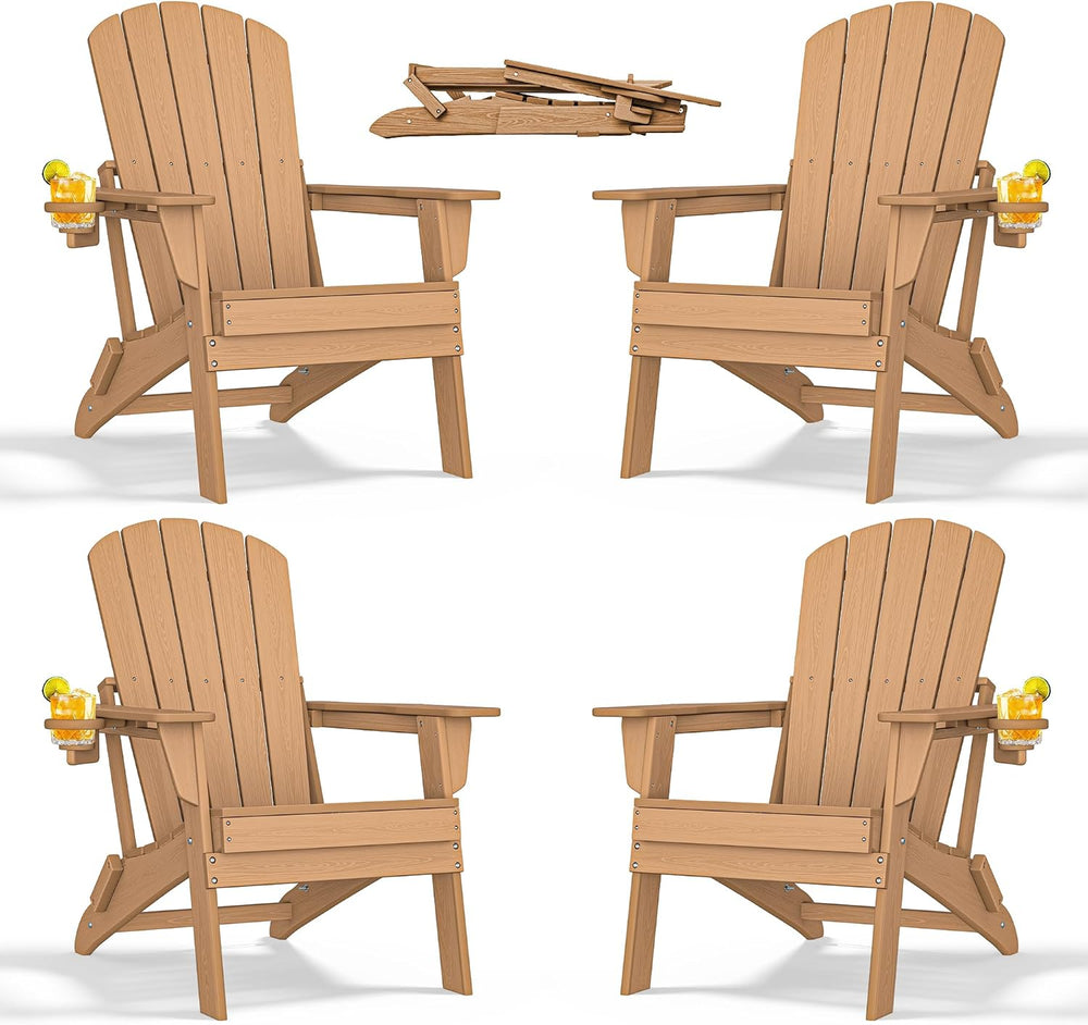 nevilywood Folding Adirondack Chairs Set of 4, HDPE Cup Holders, Teak