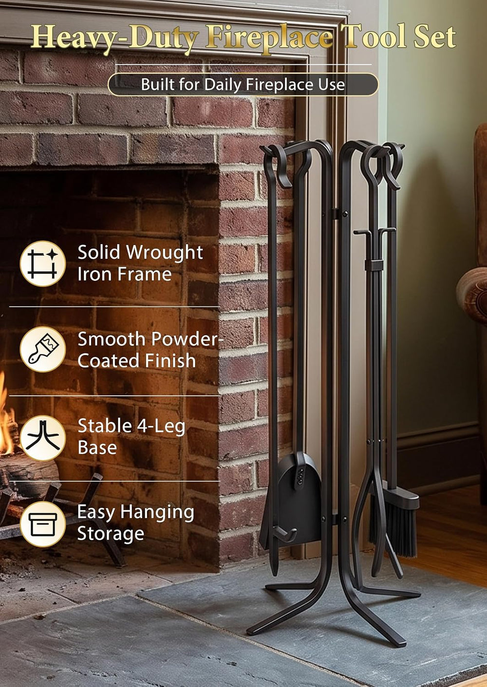 FEED GARDEN Hand Forged Fireplace Tool Set with Stand, Wrought Iron 5 Piece 2...