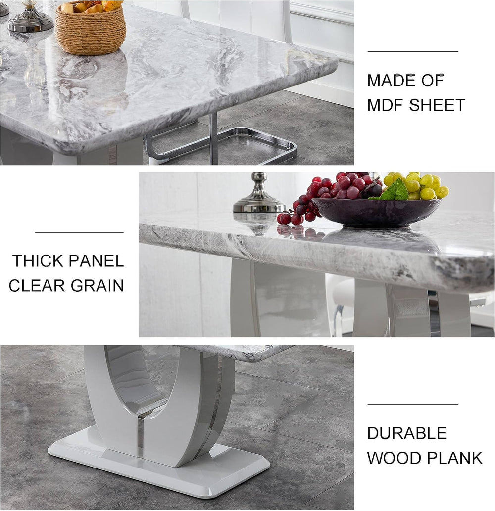 JUFU Modern Dining Set Table and 4 Chairs,Grey Faux Marble Dining Table Set f...