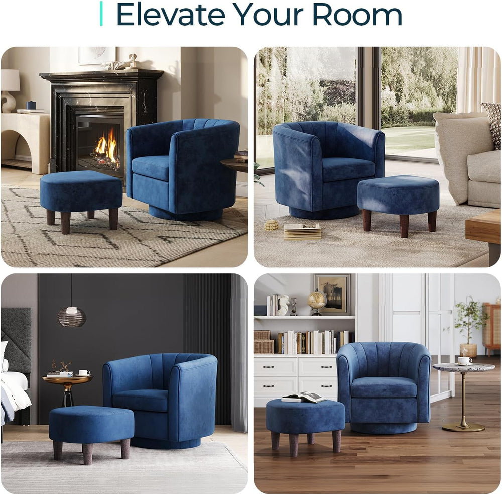 LINSY Large Swivel Accent Chair with Ottoman, Velvet Barrel Chair with Footre...