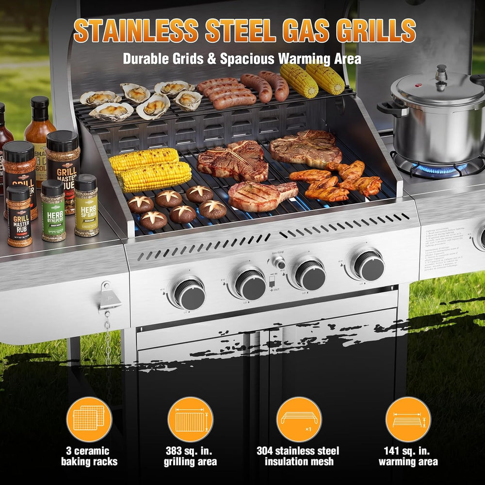 Electactic Stainless Steel 4-Burner Gas Grill with Side Burner – 42000BTU Pro...