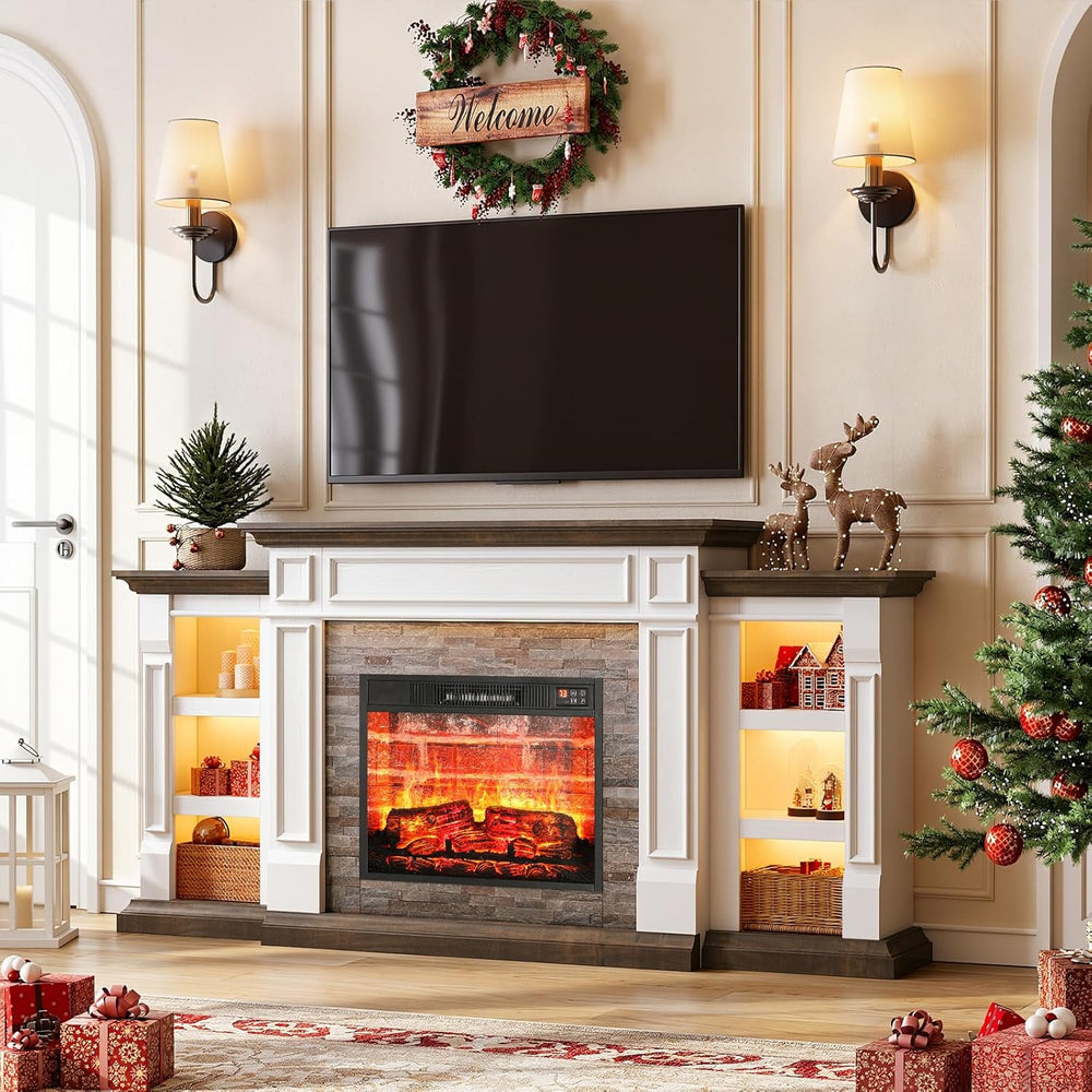 HolliWill 72 Inch Electric Fireplace TV Stand with Mantel, Farmhouse Entertai...