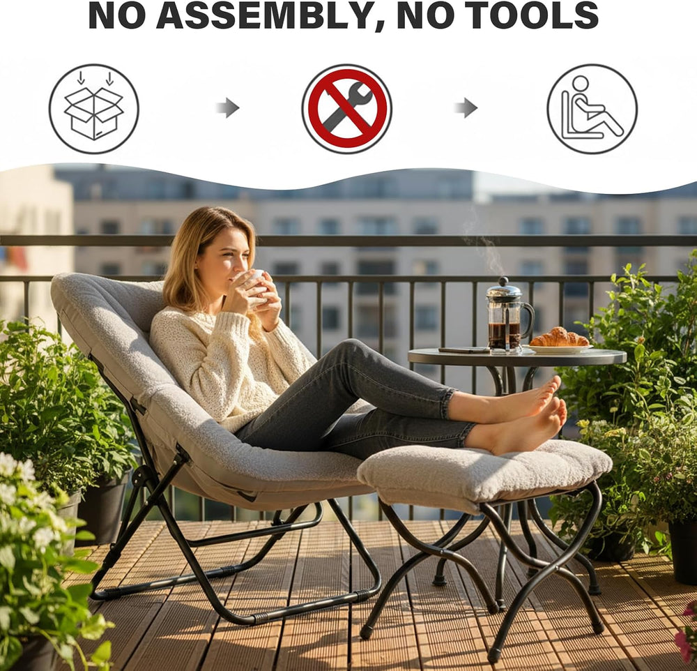 Tiita Folding Saucer Chair with Ottoman for Adults, Comfy Moon Chair, Grey