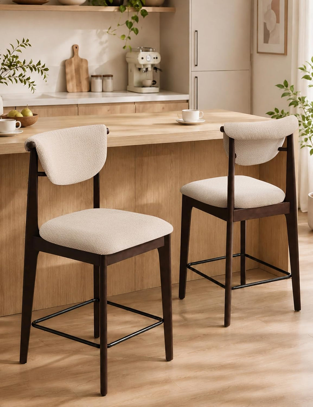 30" Counter Height Bar Stools Set of 2, Solid Wood Legs, Cream White