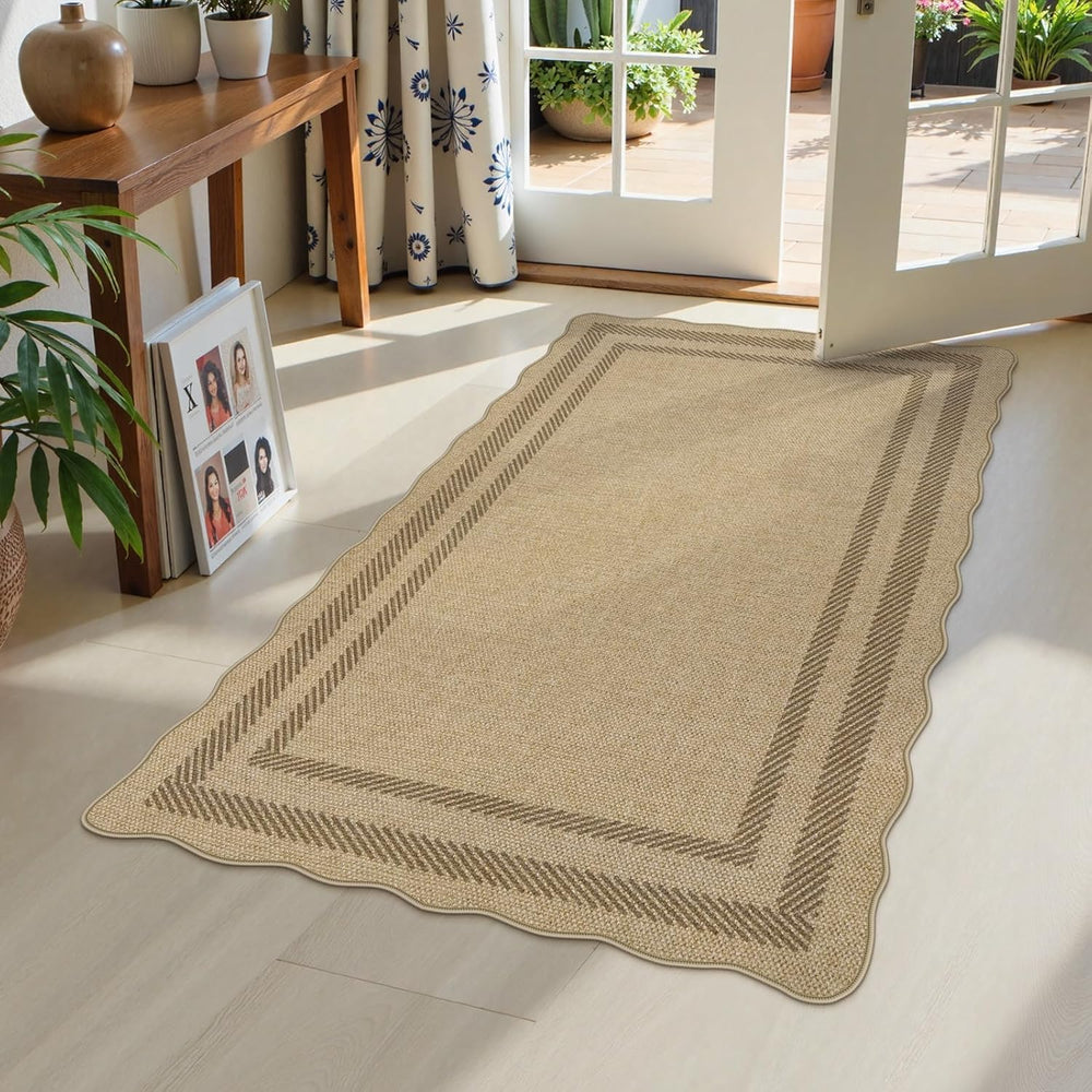 LIVEBOX Scalloped Easy Jute 3x5 Outdoor Rug, Washable Non-Slip Geometric Tan ...