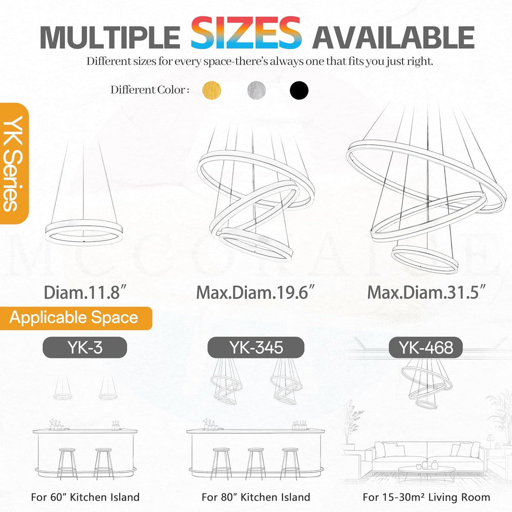 Modern Led Chandelier 3 Rings Black Pendant Lights Dimmable Chandeliers Color...
