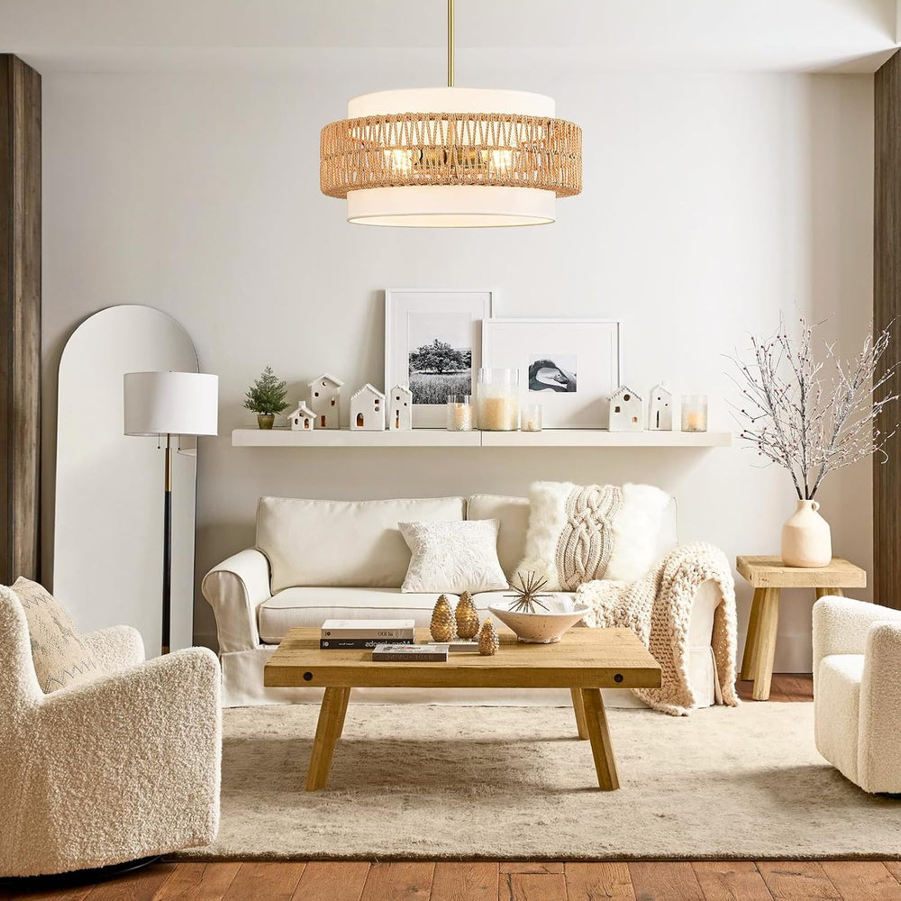 19.7" Rattan Chandelier for Dining Room, 4-Light Boho Pendant Hanging Light