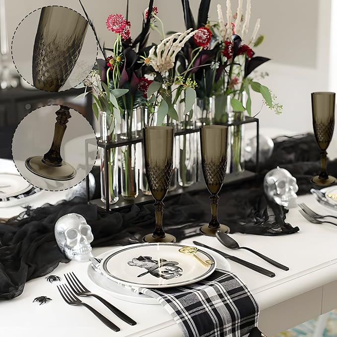 Plastic Champagne Flutes, 24PCS Black Wine Glasses Goblets Cups Reusable Flut...