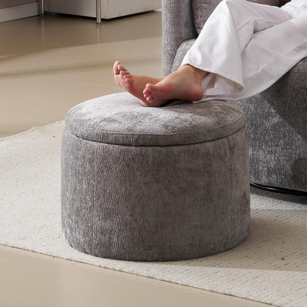 Modern Round Storage Ottoman with Reversible Tray Lid,Chenille Ottoman Foot S...