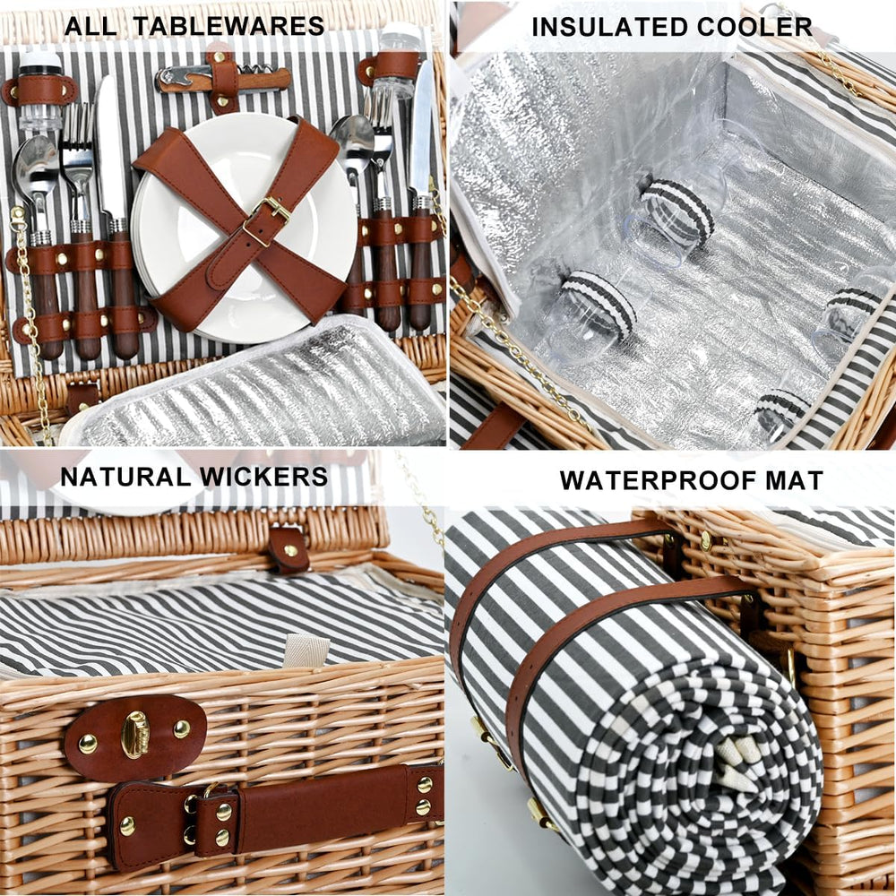 Picnic Basket with Blanket and Wine Pouch for 4, Wicker Picnic Set with Insul...