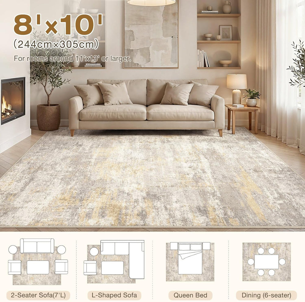 cotiled 8x10 Area Rugs Living Room: Washable Abstract Rug Gold Grey Brown