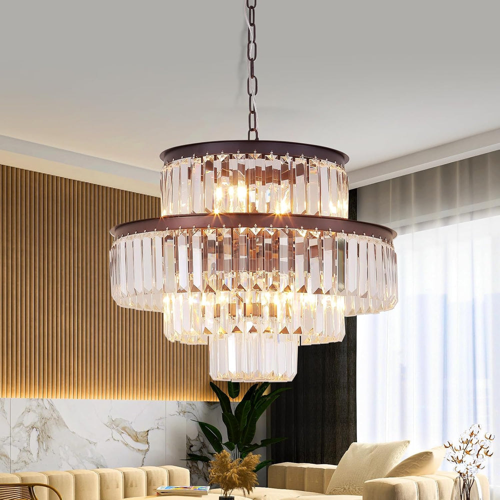 Modern Crystal Chandelier 20" Brown Round Pendant Light, 4-Tier Luxury C...