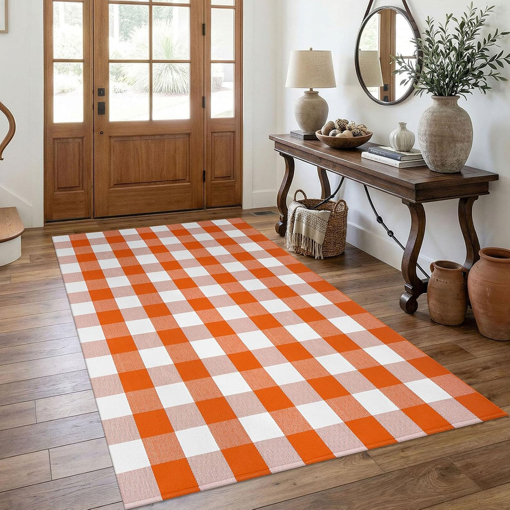 KOZYFLY Buffalo Plaid Rugs 4x6 ft Halloween Orange and White Front Door Rug