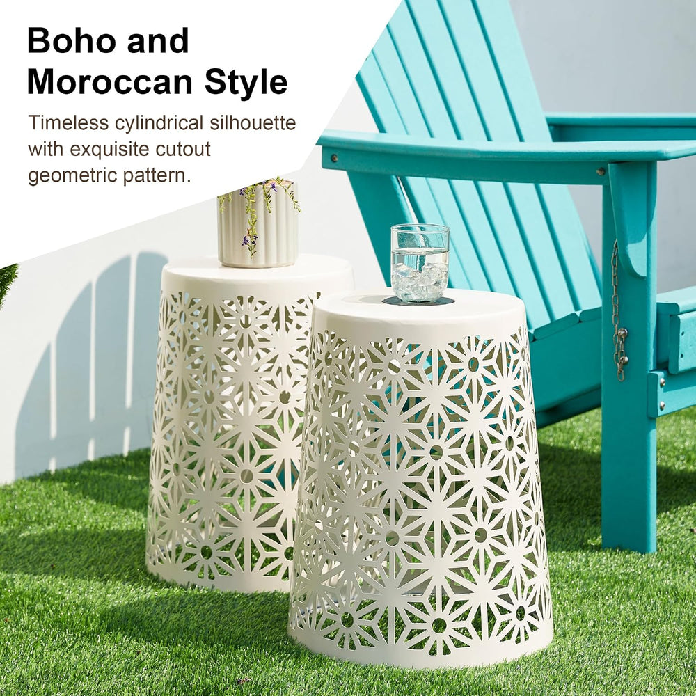 Glitzhome Ourdoor Side Table Set of 2,Solar Iron Cutout Geometric Pattern Dec...