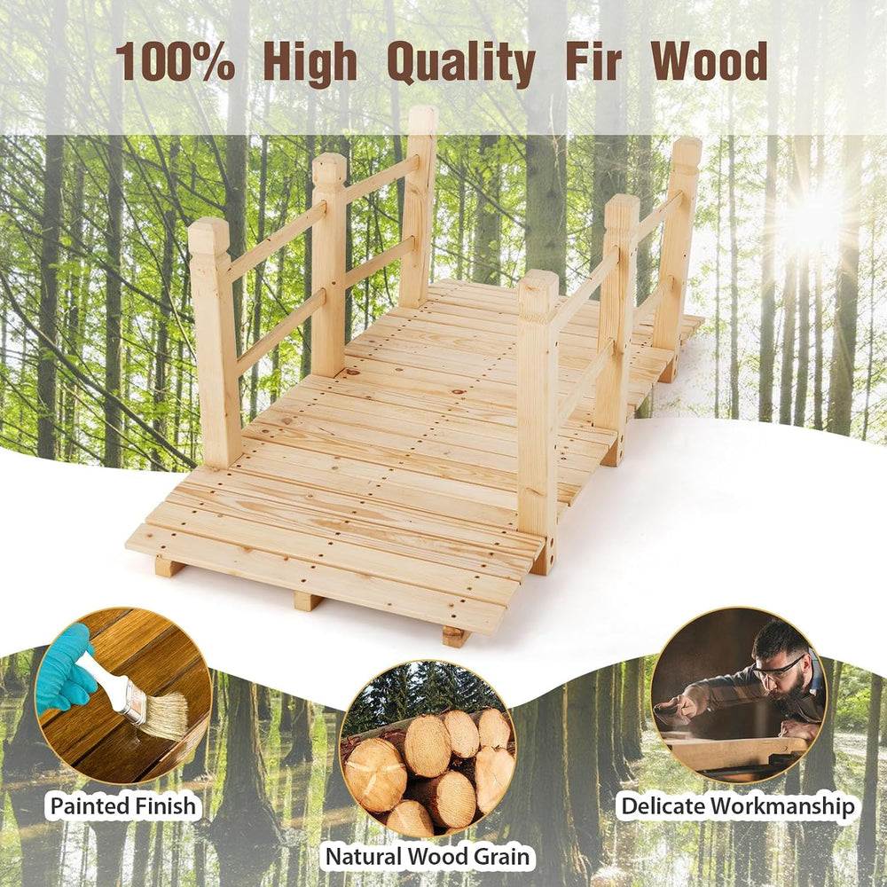 GIANTEX 5 ft Garden Bridge - Natural Wood Arc Footbridge Walkway with Side Ra...