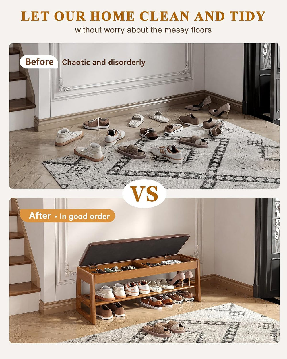 Shoe Rack Bench with Hidden Storage, 2-Tier Solid Rubberwood Entryway Bench w...