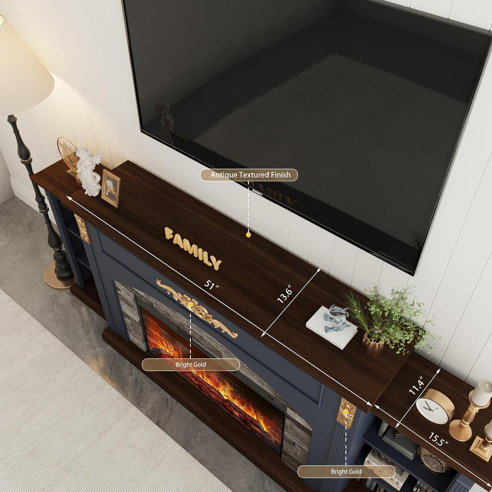 80" Fireplace TV Stand with Mantel, Navy Blue Entertainment Center with ...