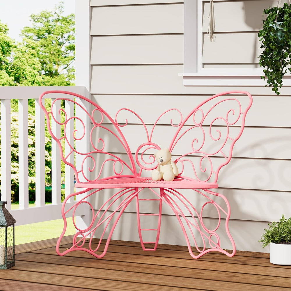 36 Inch Small Butterfly Bench, Cute Metal Outdoor Benches, Pink