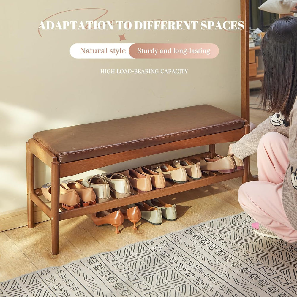 STDDRE Shoe Rack Bench Entryway Bamboo Shoe Storage Bench with Leather Cushio...