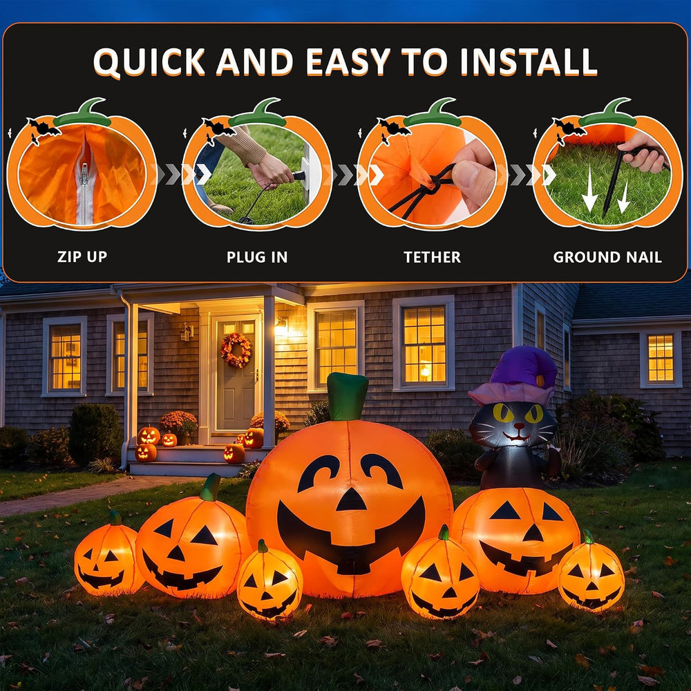 8FT Halloween Inflatable Pumpkin Decor,Witch Hat Black Cat Yard Halloween Par...