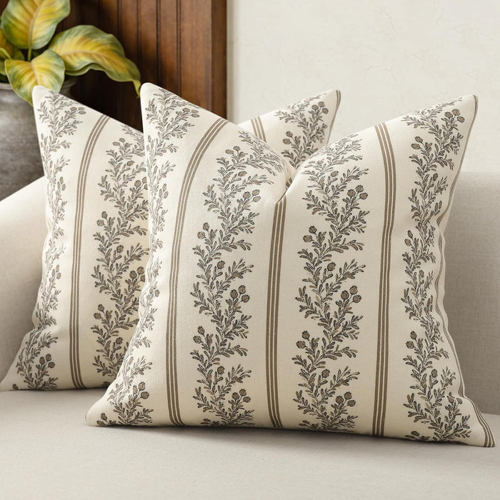 Vintage Throw Pillow Covers 24x24 Set of 2, Striped Floral Pillow Cover Botanical Patterned Decorative Cushion Covers Modern Farmhouse Home Decor for Sofa Couch Bed Living Room, Chocolate