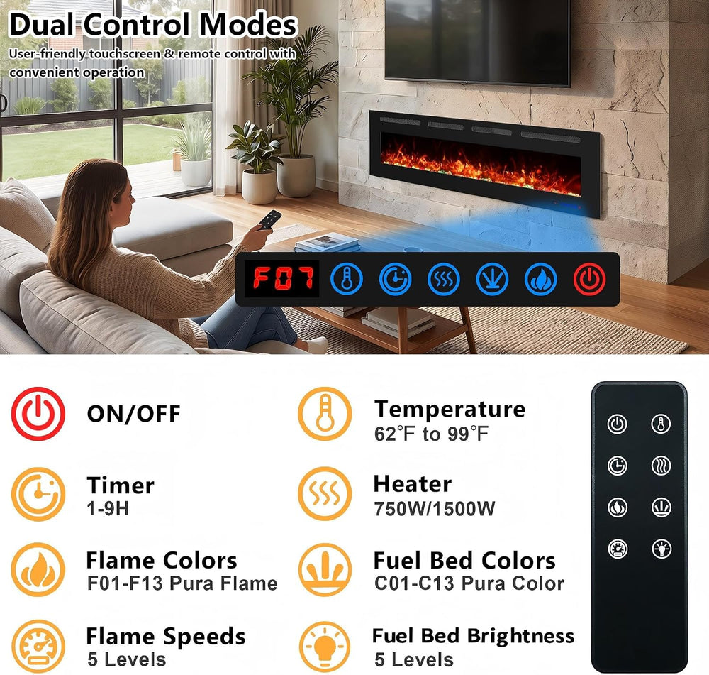 72" Ultra-Thin Electric Fireplace, Recessed/Wall, WiFi App, Black