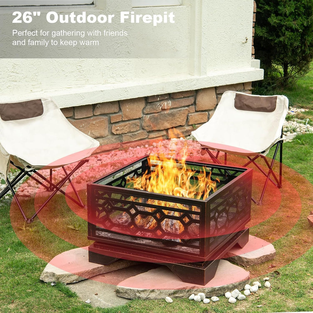 26 Inch Outdoor Fire Pit, Wood Burning Outside Fireplace with Mesh Cover