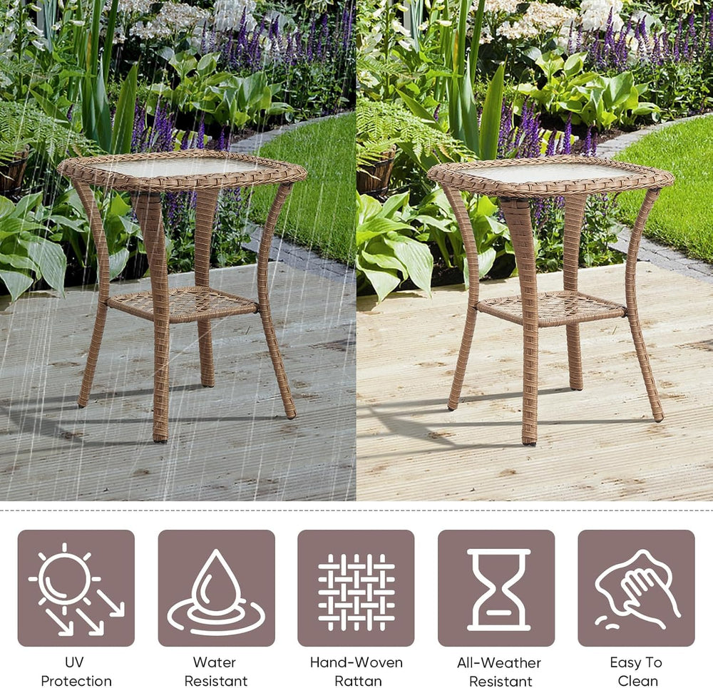 Patio Wicker Side Table, Outdoor PE Rattan End Table with 5mm Tempered Glass ...