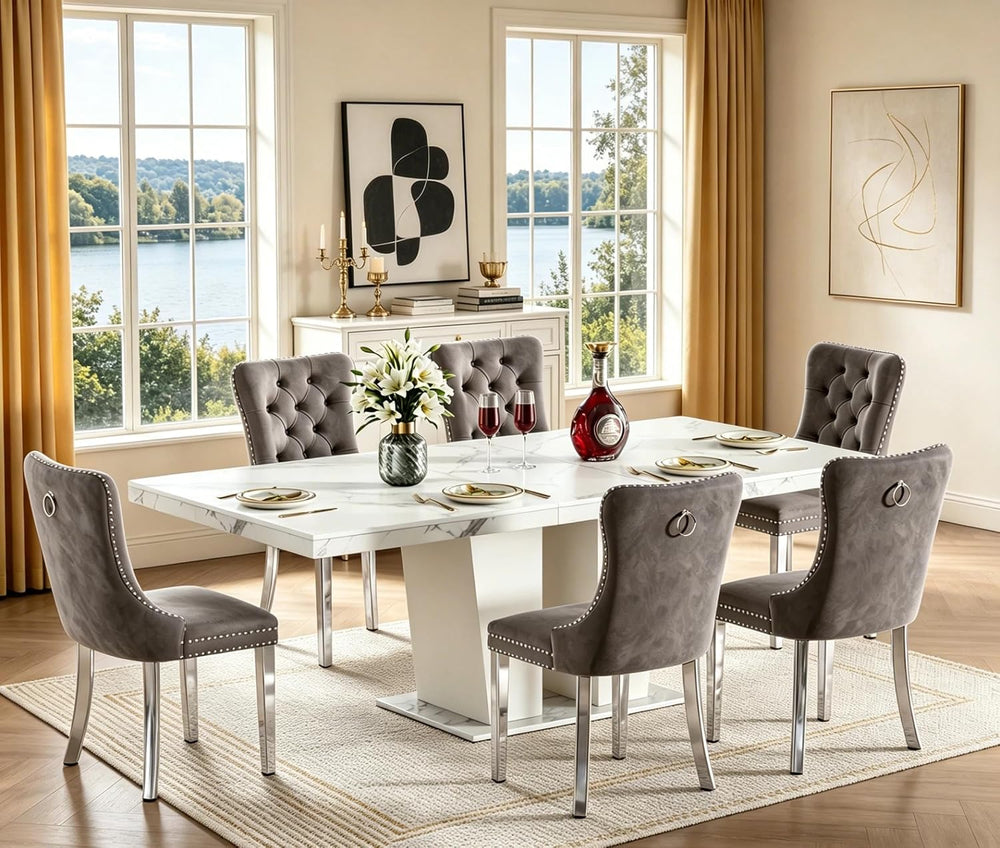 7-Piece Extendable Dining Table Set for 6-8 People 63"-78.7" Kitche...