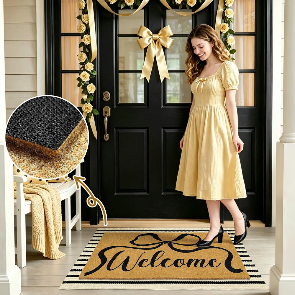 2 Pcs Coir Bow Welcome Mat Outdoor Stripe Layering Rug for Outside Entrance