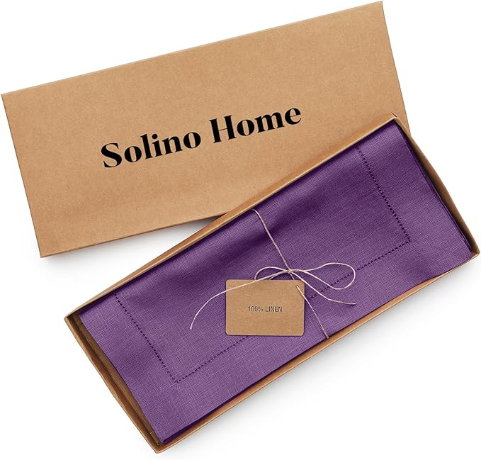 Solino Home Linen Purple Table Runner 60 Inches - Classic Hemstitch, 100% Pur...