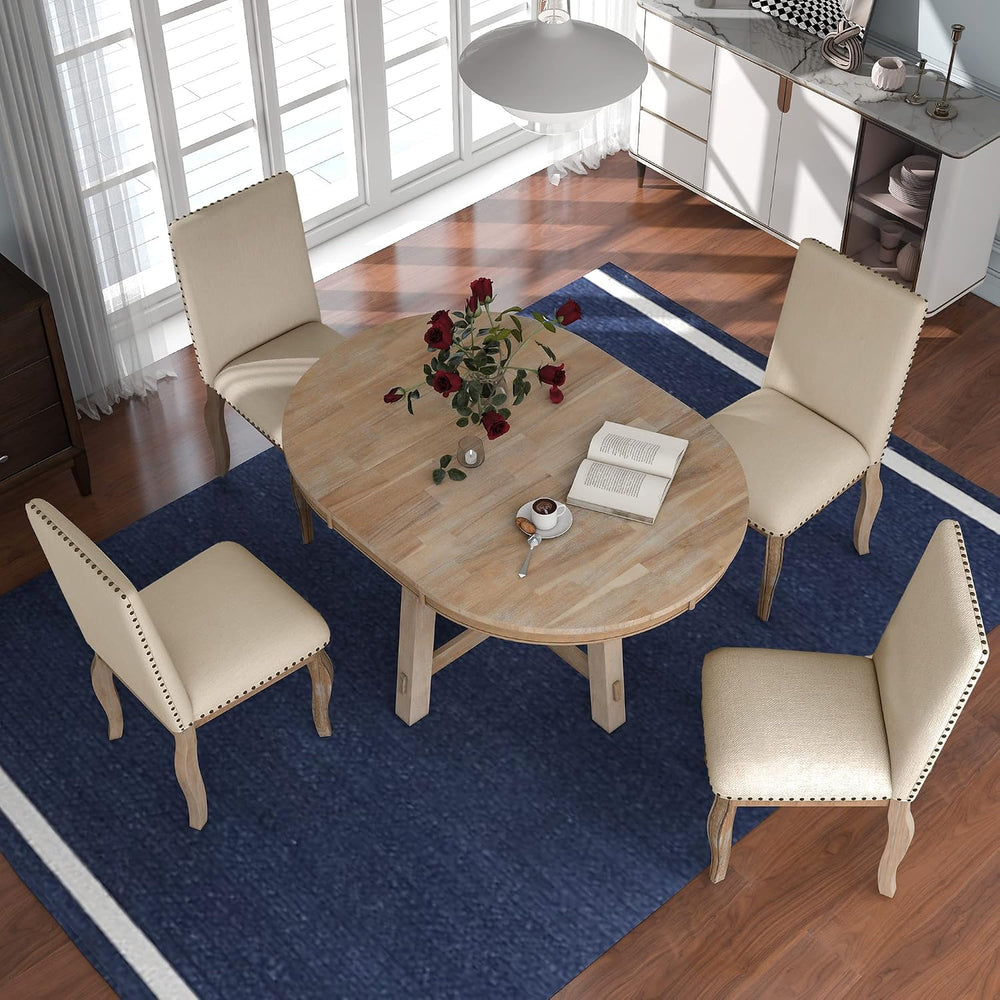 P PURLOVE 5 Pieces Dining Table Set Round Kitchen Extendable Dining Table wit...
