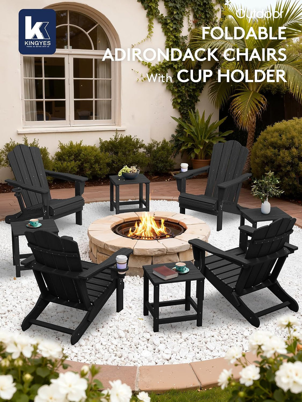 KINGYES Folding Adirondack Chair, All-Weather HDPE Material, Black, 8 Pack (4...