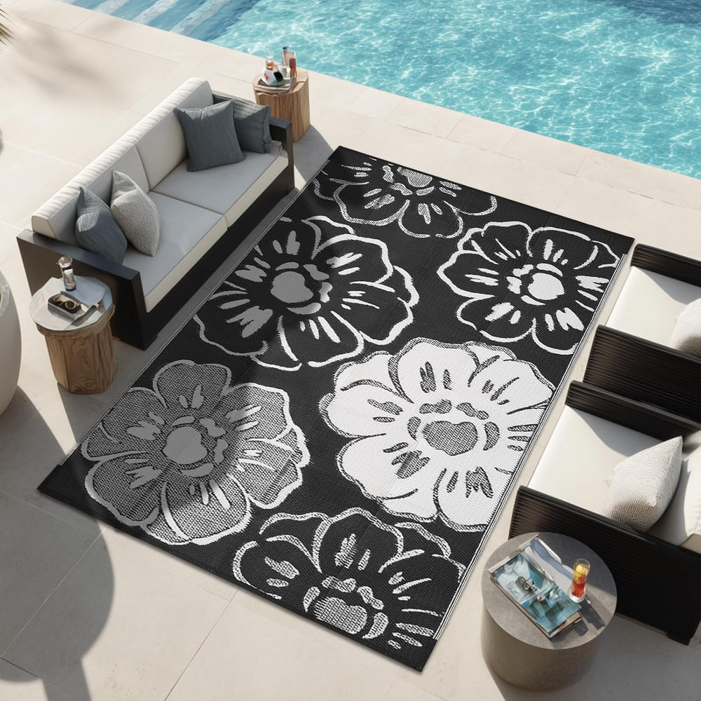 8'x10' Black and White Floral Outdoor Rug, Waterproof Double-Sided