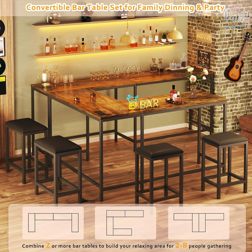 L Shaped Bar Table with Stools, 63‘’ Bar Height Table with Power Outlets, Con...