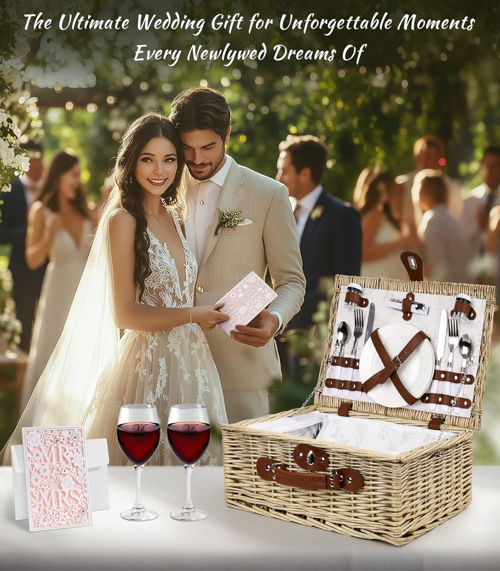 Picnic Basket for 2 Bridal Shower Wedding Gifts with Mr Mrs Wine Glasses