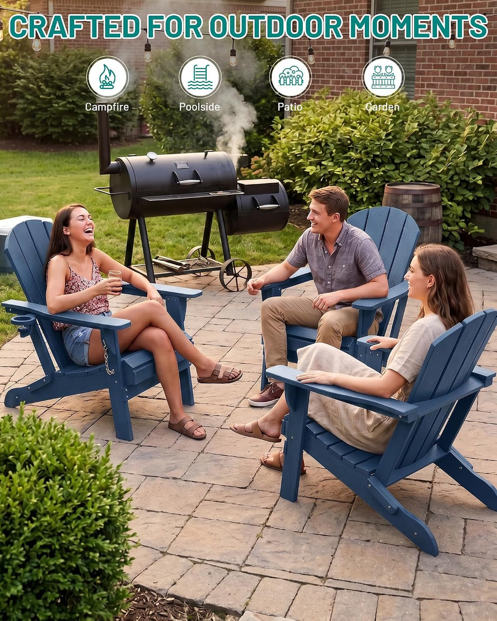 PLUUV Adirondack Chair Set of 4, Fire Pit Chairs with Cup Holder, Navy
