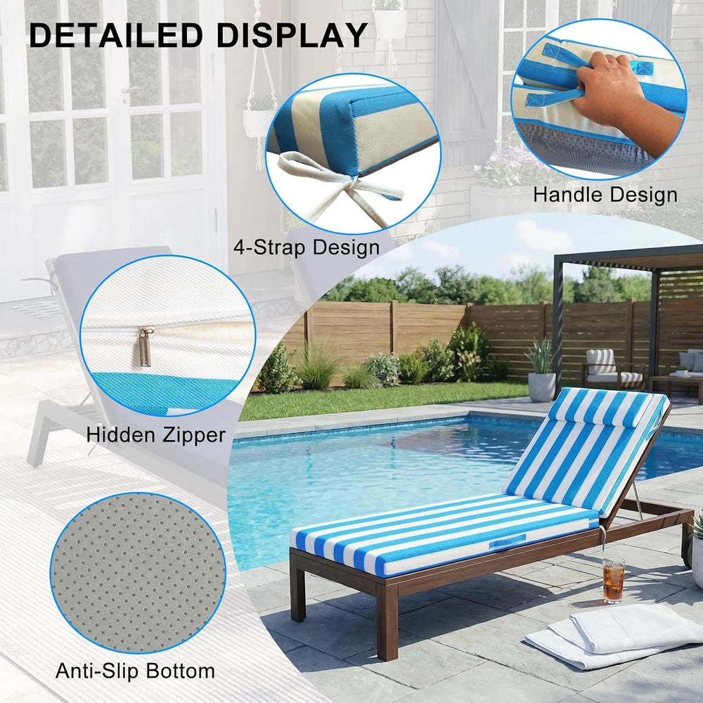 Outdoor Chaise Lounge Cushion – 72"x21" Waterproof Pool Chair Pad w...
