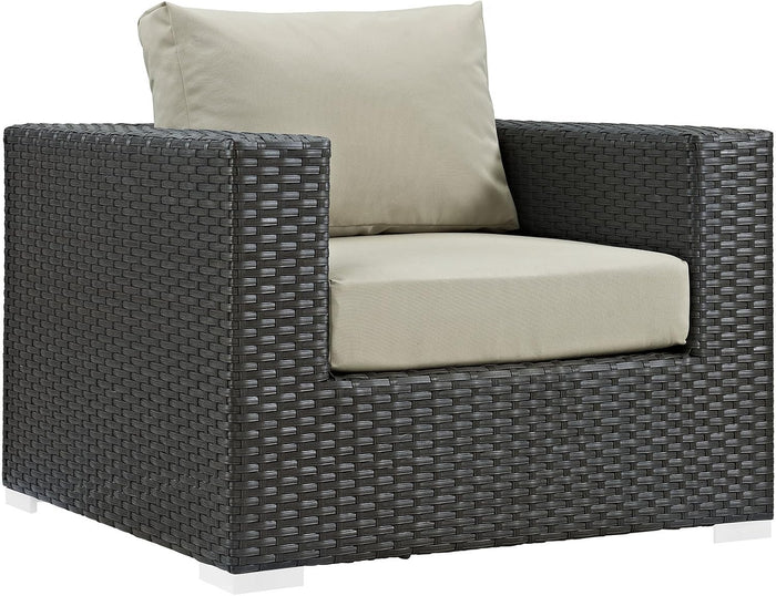 Modway EEI-1850-CHC-BEI Sojourn Wicker Rattan Outdoor Patio Coffee Table, Armchair, Canvas Antique Beige