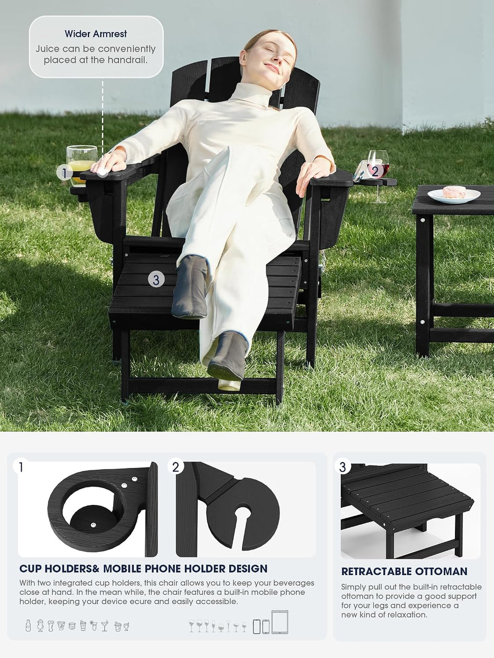 KINGYES Folding Adirondack Chair with Ottoman & Dual Cup Holders, Black