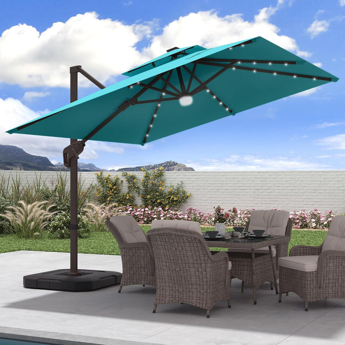 9x9 FT Cantilever Offset Patio Umbrella with Lights & Base