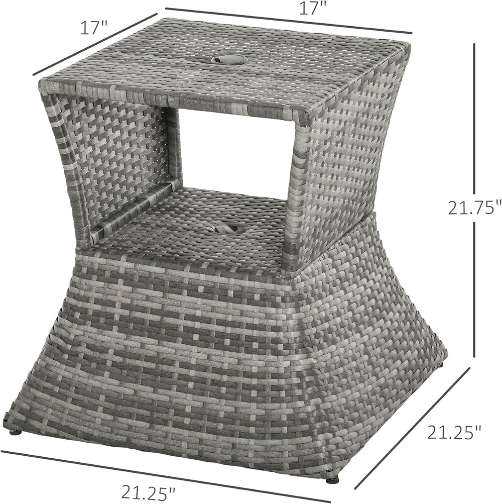 Outsunny Outdoor Side Table with Umbrella Hole 2 Tier Wicker Mixed Gray